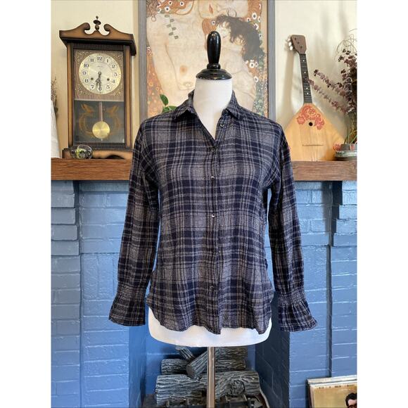 Madewell S Oversized Navy Blue White Plaid Wool Blend Flannel Button Down Shirt - Picture 1 of 12